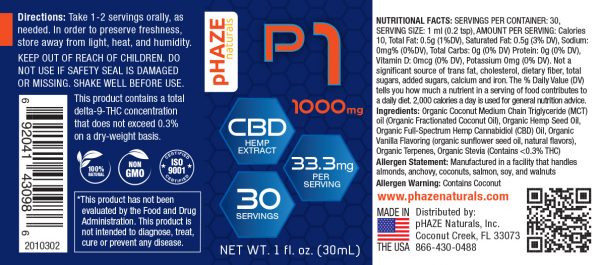 pHAZE Naturals 1000mg Full Spectrum Hemp CBD Oil Tincture (30mL)