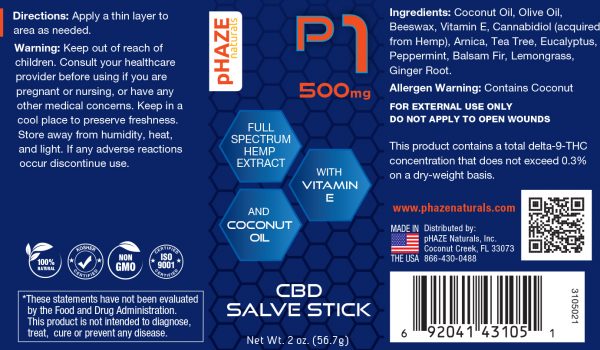 pHAZE Naturals 500mg Full Spectrum Hemp Extract CBD Salve Stick (2oz)