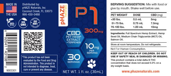 300mg  Hemp Extract CBD Oil for Pets (30mL) - pHAZE Naturals